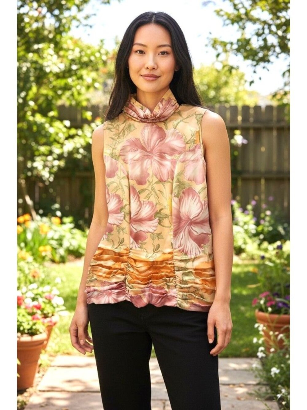 Floral Sleeveless High-Neck Top With Ruched Hem And Pastel Hibiscus Print